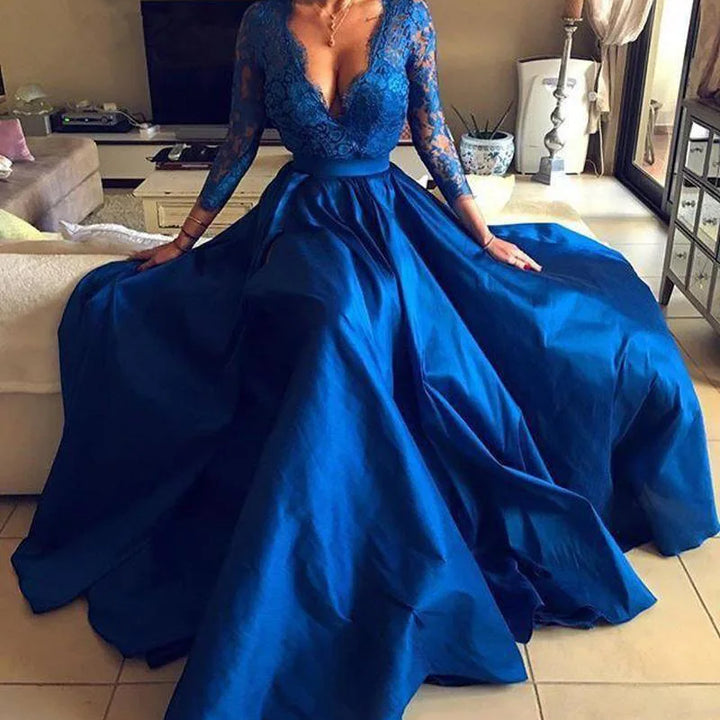 "Autumn Deep V Neck Long Sleeve Evening Gown"