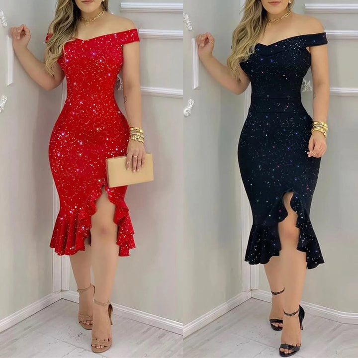 "Elegant Cold Shoulder Ruffle Party Dress"