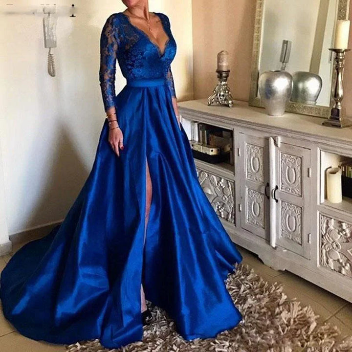 "Autumn Deep V Neck Long Sleeve Evening Gown"