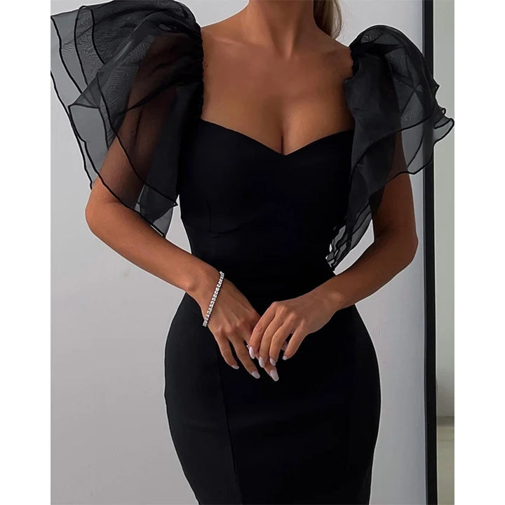 "Mesh Butterfly Sleeve Bodycon Dress with Square Neck"