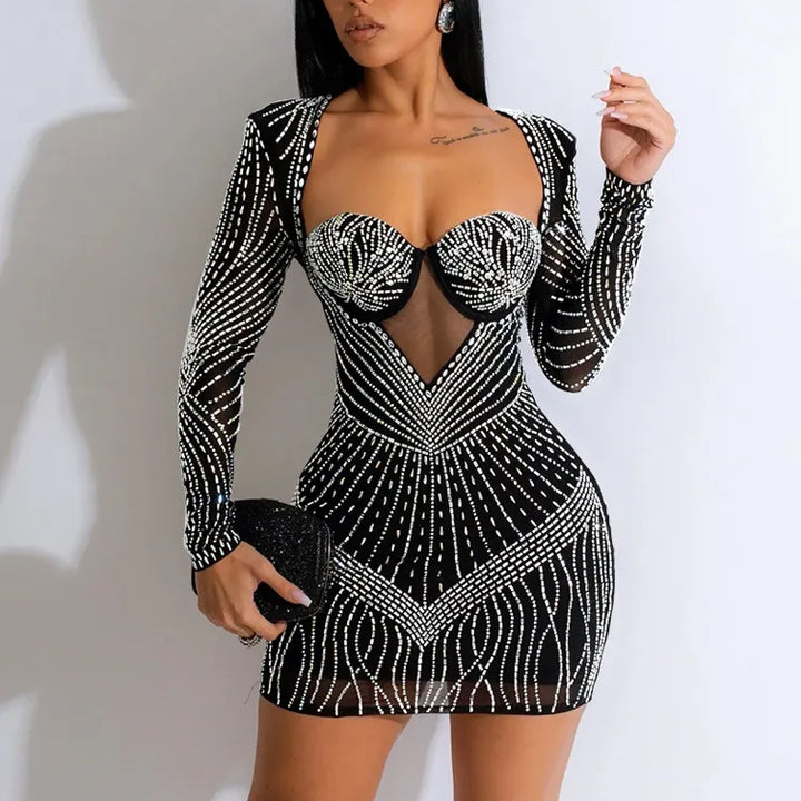 "Beyprern Black Rhinestone Padded Mini Dress"