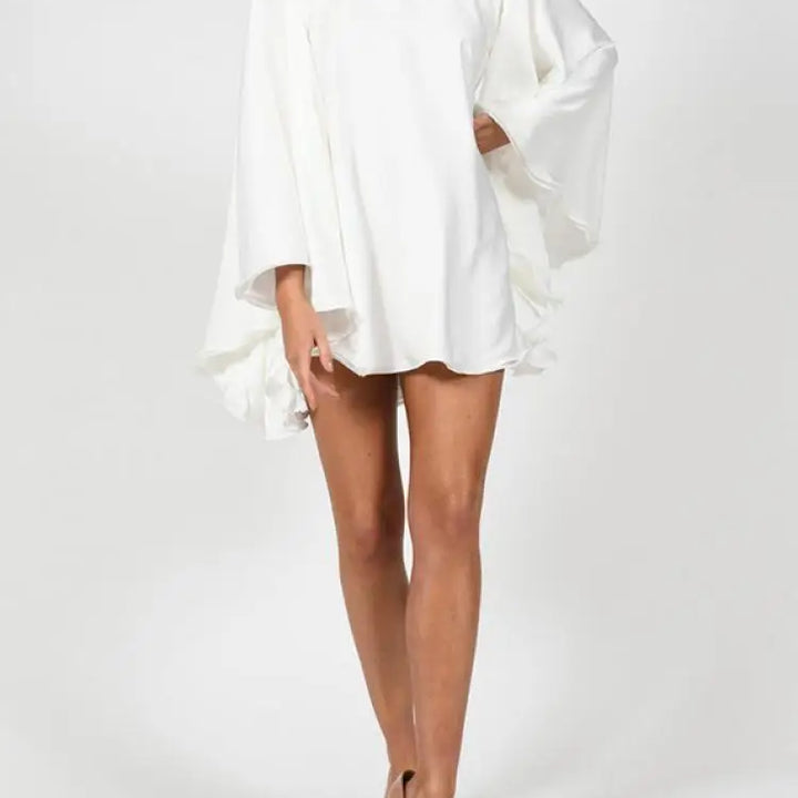 "Modi girl White Back less Turtle neck Mini Dress with Ruffled Sleeves"