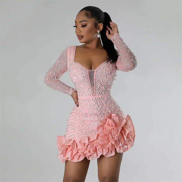 Sparkly Pink Diamond Mesh Dress with Rhinestones and Pearls Ruffles