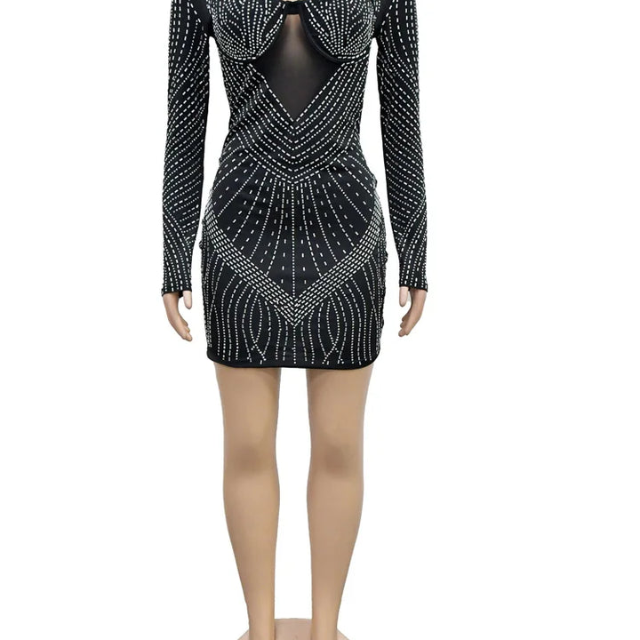 "Beyprern Black Rhinestone Padded Mini Dress"