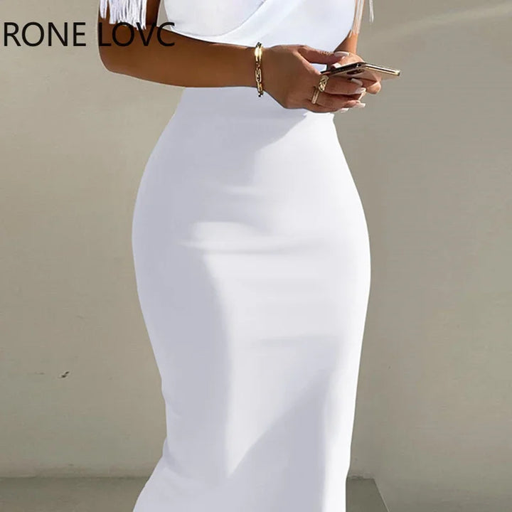 Women Solid Elegant Off Shoulder Tassel Midi Formal Party Sexy White Dresses