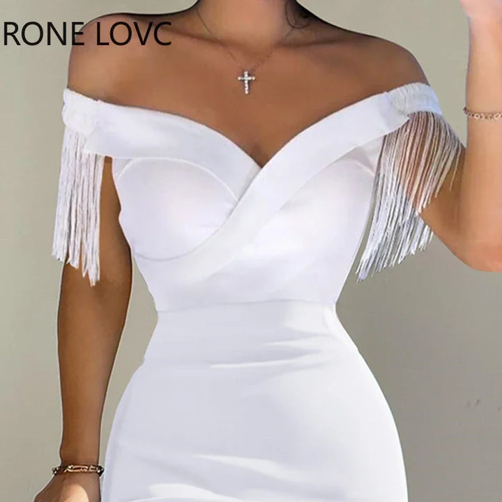 Women Solid Elegant Off Shoulder Tassel Midi Formal Party Sexy White Dresses