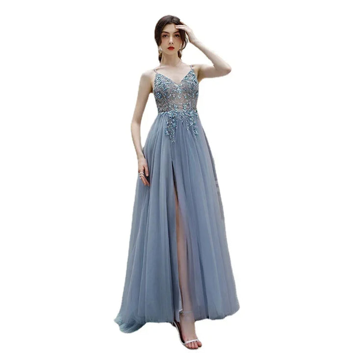 "Elegant V-Neck A-Line Split Tulle Evening Dress"