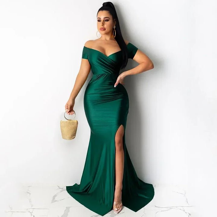 "Sexy Off-the-Shoulder V-Neck Mermaid Evening Dress"