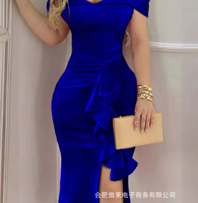 Women's Elegant Velvet One Shoulder Split Party Dress