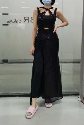 Women's Sexy Dress Elegant  Hanging Neck Backless Black Shining Hem Split Dress Long Skirt