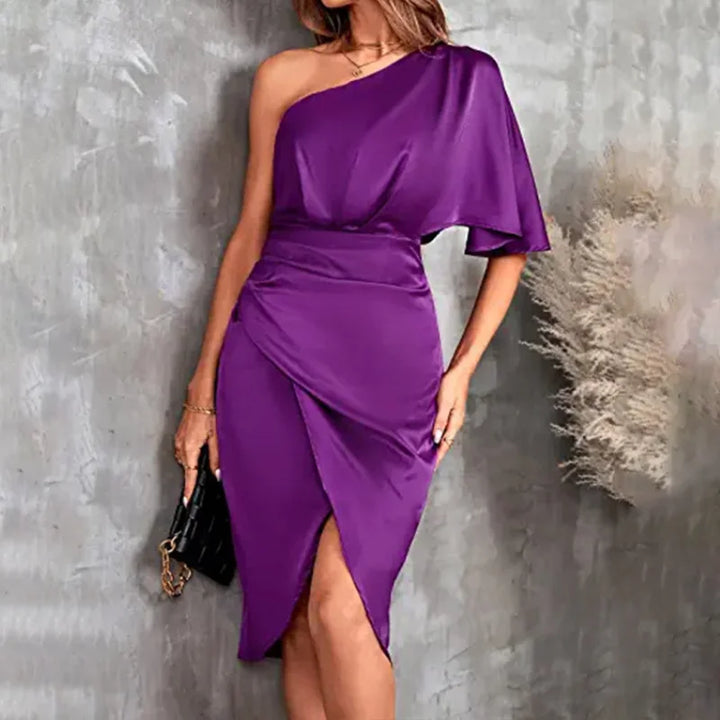 Dress – Asymmetric One-Shoulder Satin Dress with Diagonal Collar for Evening Parties