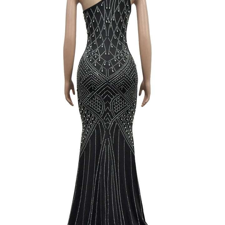 "Elegant Single-Shoulder Pearls & Rhinestones Maxi Dress"