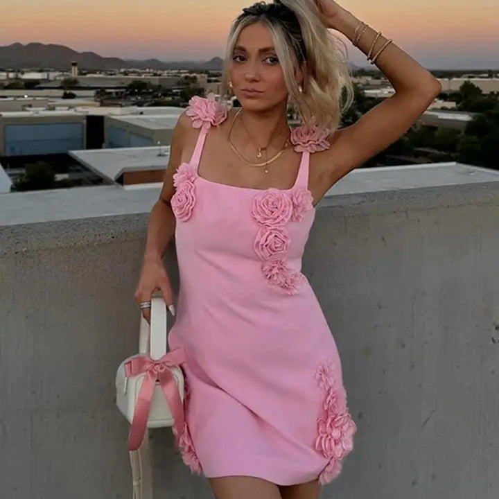 "Sexy Pink 3D Flower Mini Dress with High Waist"