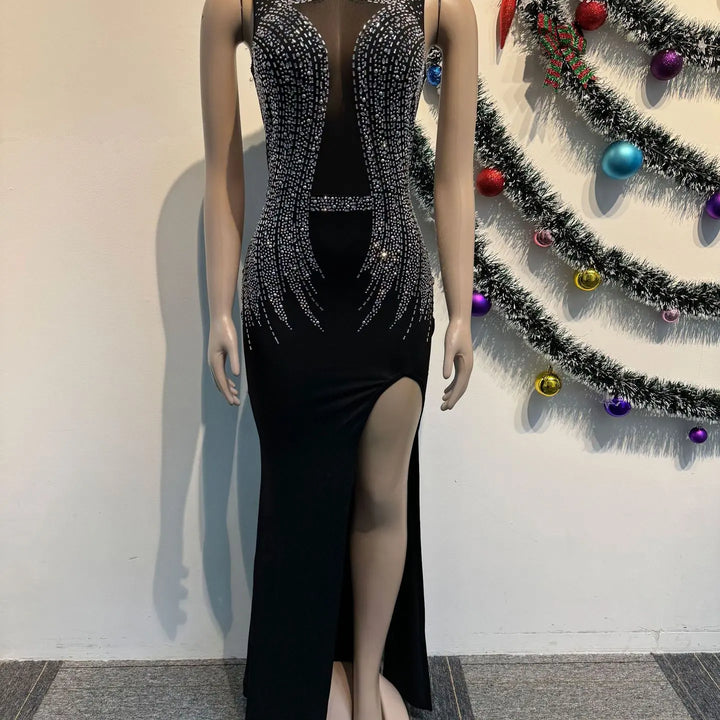 "Mesh Rhinestone Bodycon Prom Dress with O-Neck"