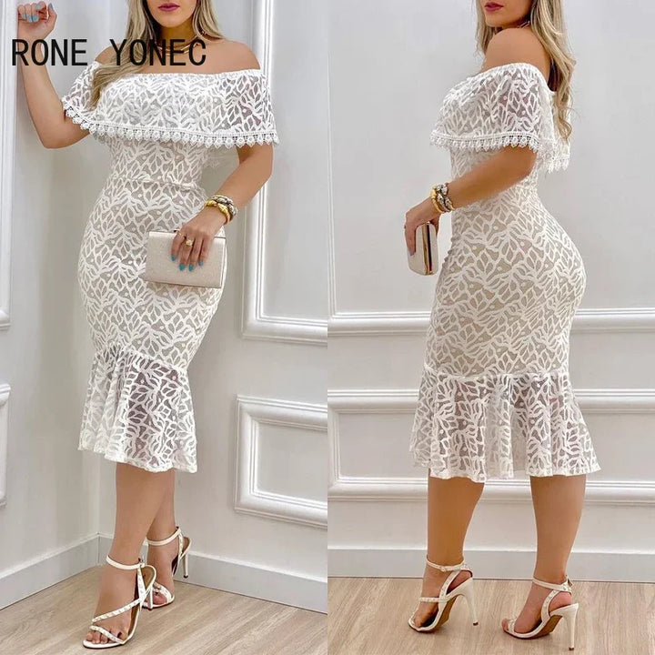 Women Solid Chic Off Shoulder Ruffle Hem Lace Hem Bodycon Sexy Formal Party Dress