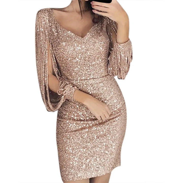 Women'S Sexy Sequin Fringe Long Sleeve Buttock Nightclub Party Dress V Neck Elegant Slim