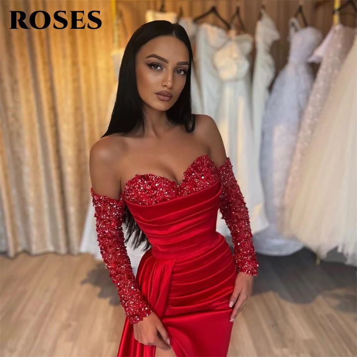 ROSES Red Long Off-the-Shoulder Sequin Dress with High Split