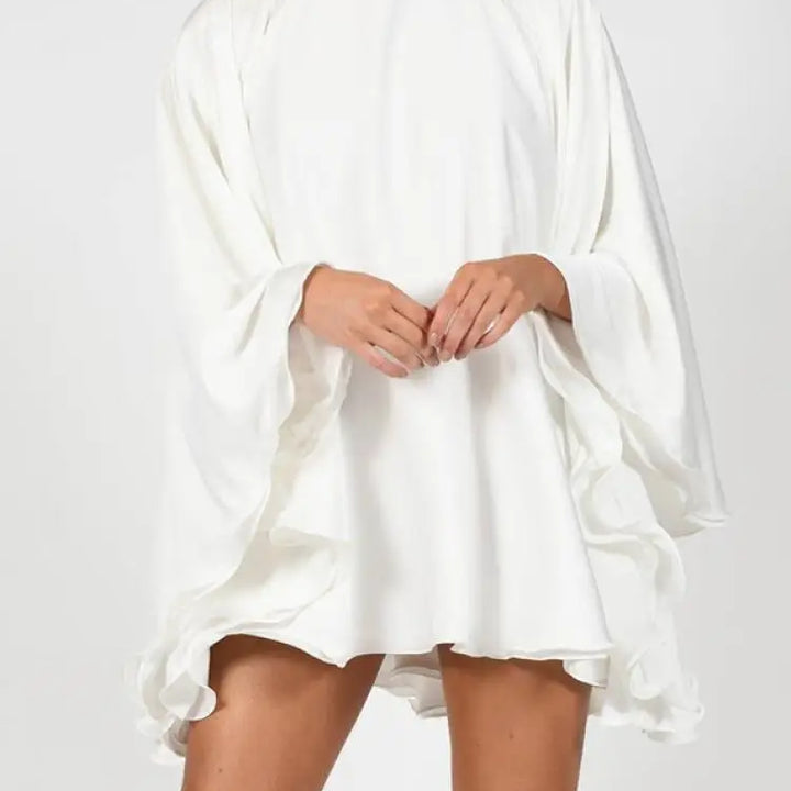 "Modi girl White Back less Turtle neck Mini Dress with Ruffled Sleeves"