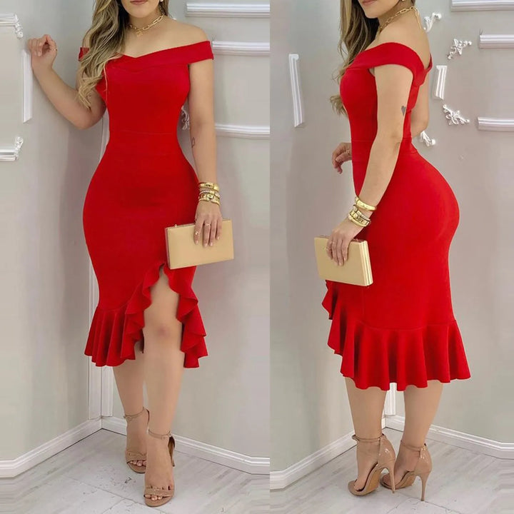 Women's Party Dress Sexy Off Shoulder Split Ruffle Solid