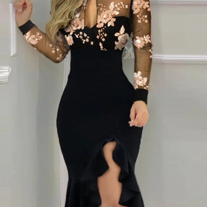 Sexy Mesh Ruffle Midi Dress – Long Sleeve, Irregular Hem, Fashion Print, and Elegant for Parties