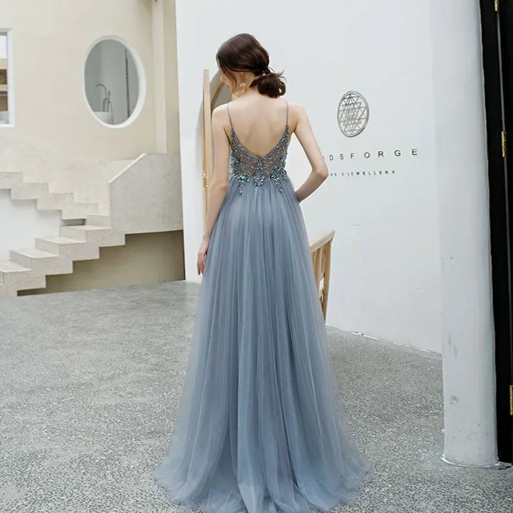 "Elegant V-Neck A-Line Split Tulle Evening Dress"