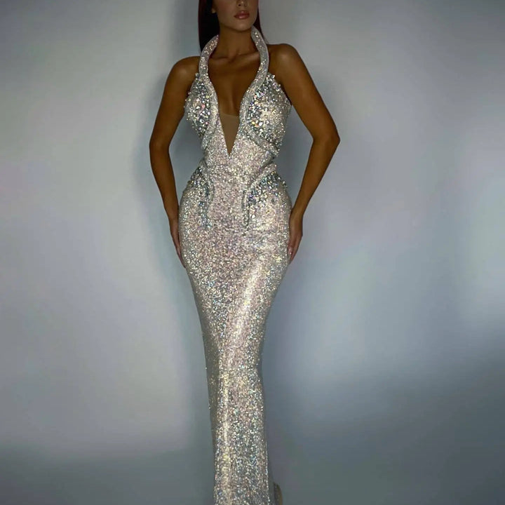 Elegant Long Halter Dress with Rhinestones