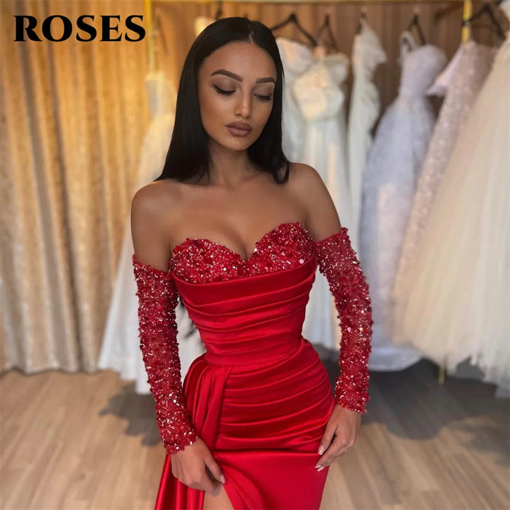 ROSES Red Long Off-the-Shoulder Sequin Dress with High Split