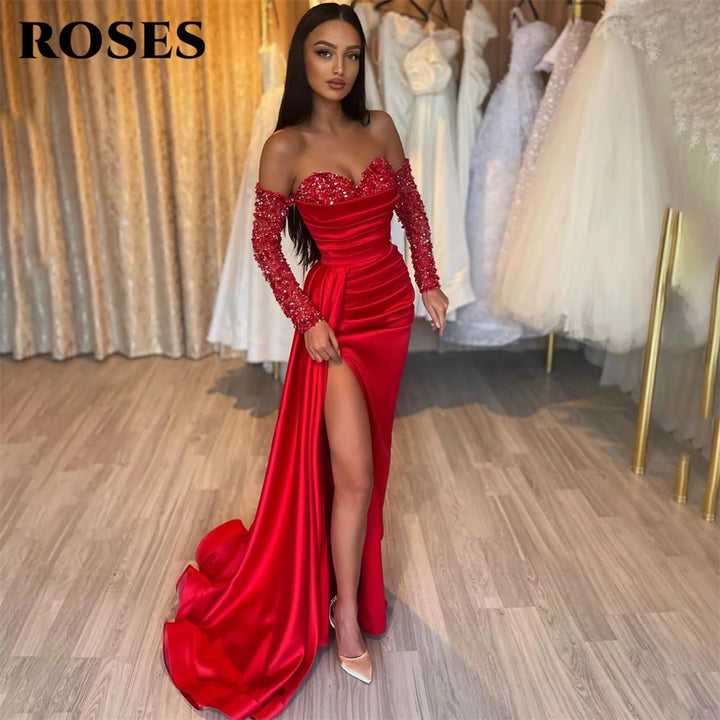 ROSES Red Long Off-the-Shoulder Sequin Dress with High Split