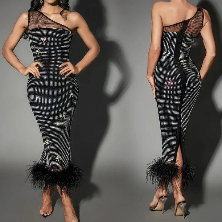 Women Mesh Diamond Evening Dresses One Shoulder Fashion Feather