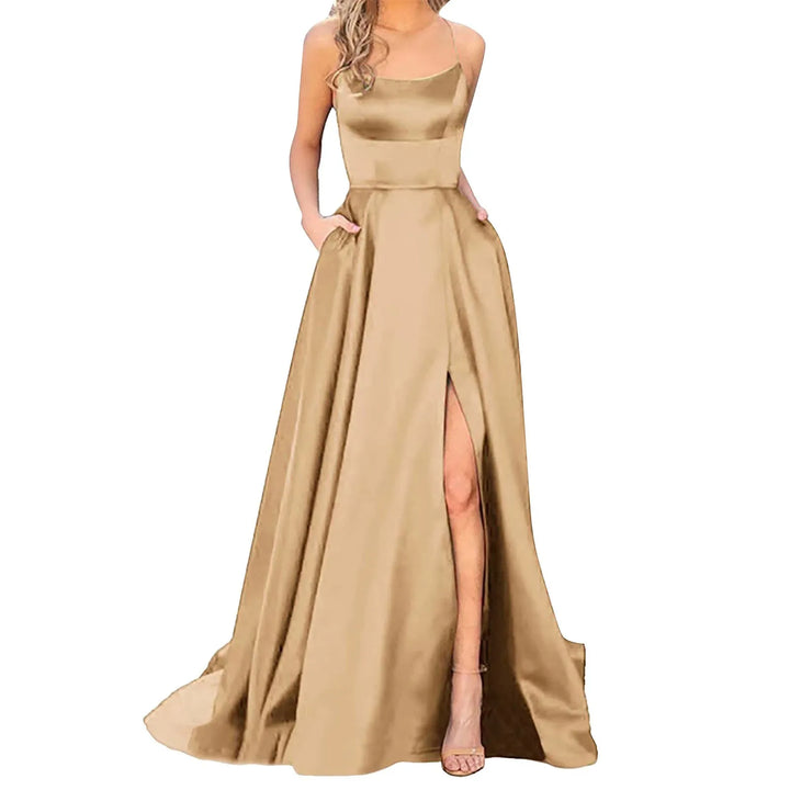 "Elegant Long Backless Prom Dress with Spaghetti Straps and Side Slit"