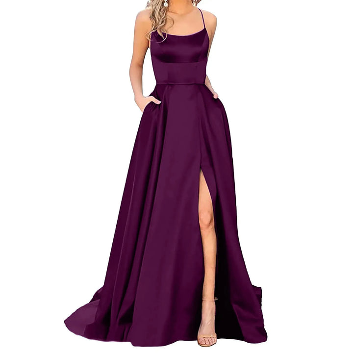 "Elegant Long Backless Prom Dress with Spaghetti Straps and Side Slit"